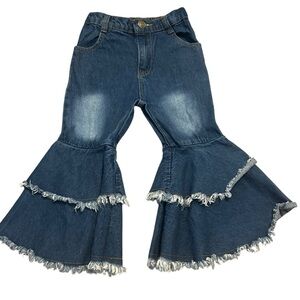Shein‎ Girls Jeans Denim Blue Bell Bottom Tiered Ruffle Frayed Size 100